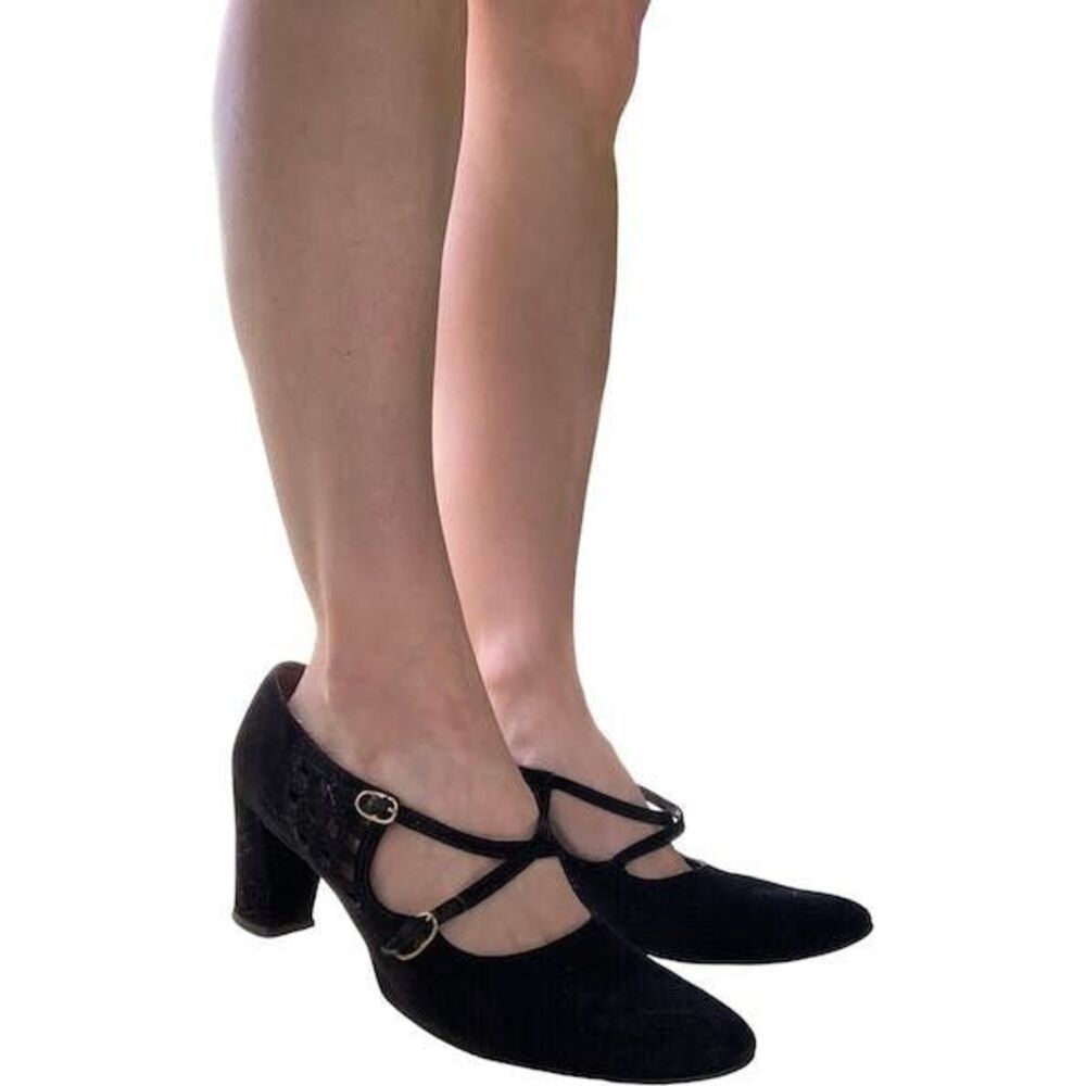 70s 80s Black Cross Strap Heels Cutout Suede Like Shoes Joyce 8 Narrow